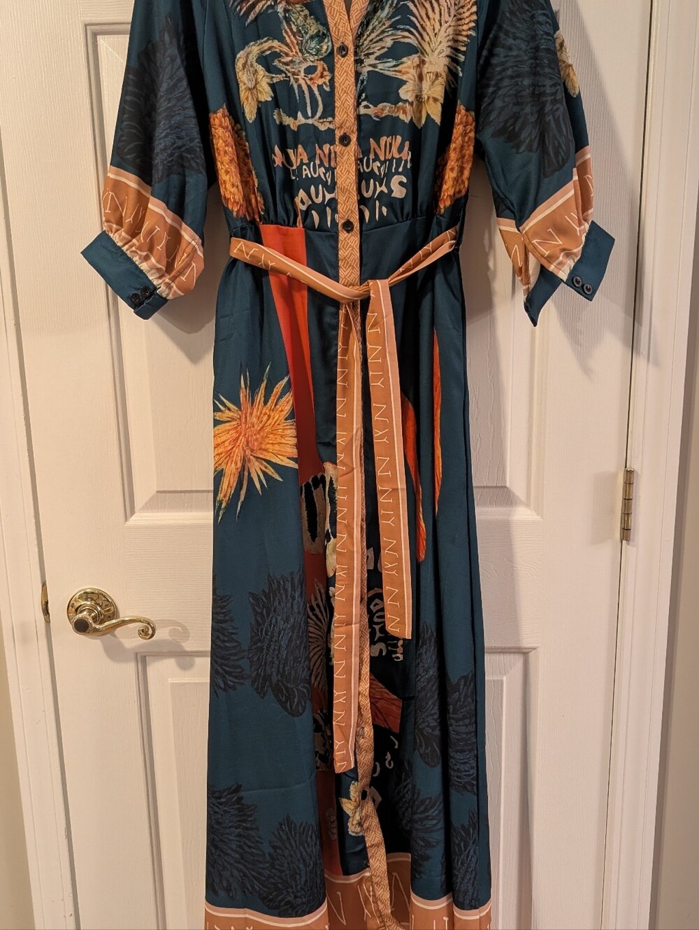 Teal Floral Button-Front Maxi Dress with Belt